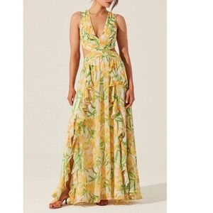 ASTR The Label Santorini Dress Yellow Green Floral Cutout Maxi Lace Up Back M